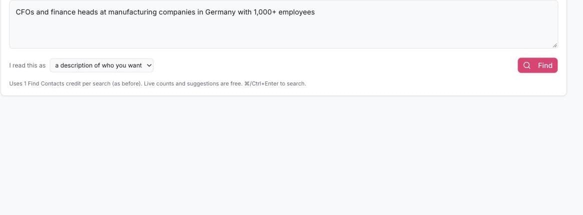 Find Contacts in Mailheight: a plain-English search for CFOs at manufacturing companies in Germany